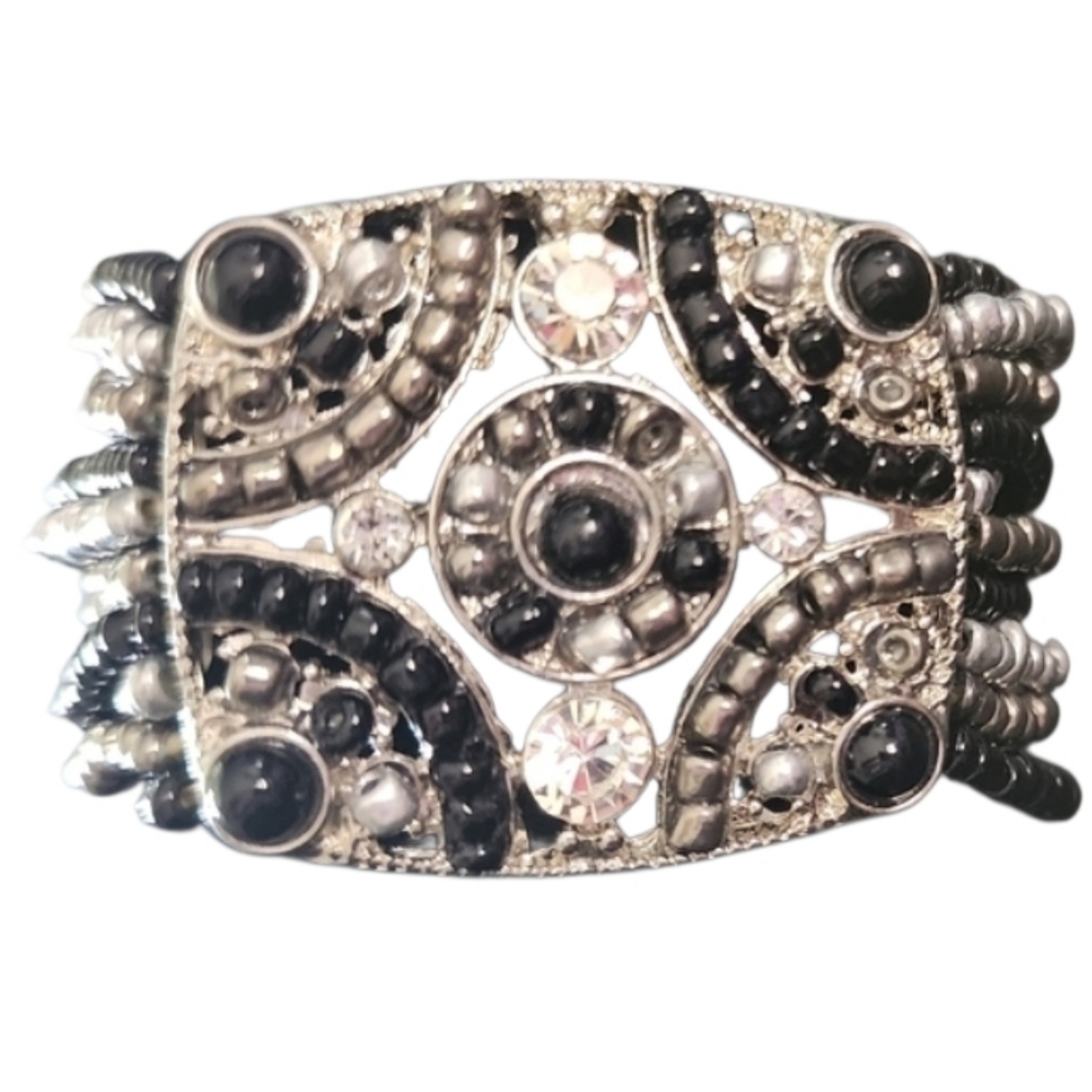 Black and Silver Beaded Stretch Bracelet